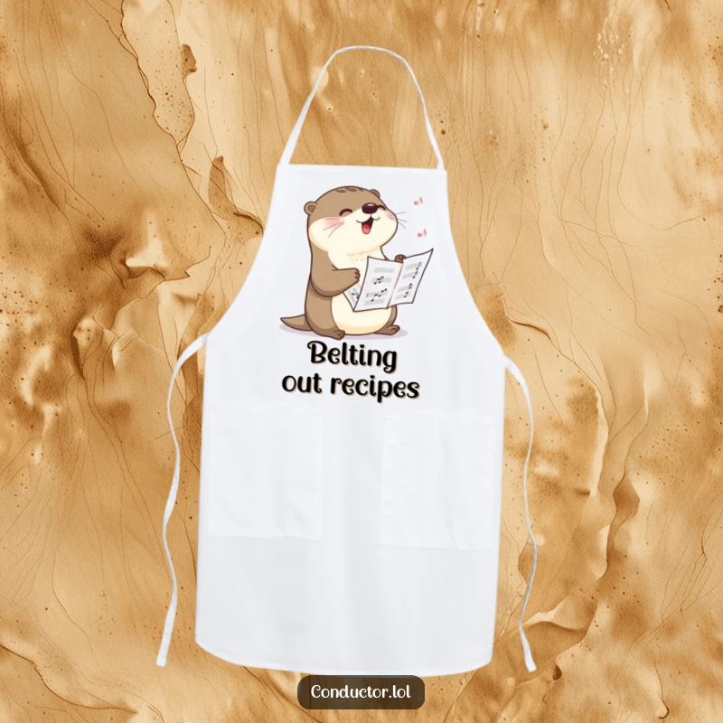 Funny apron with a happy otter singing a dramatic crescendo, holding sheet music, adding a humorous and theatrical touch to cooking, ideal for a funny gift.