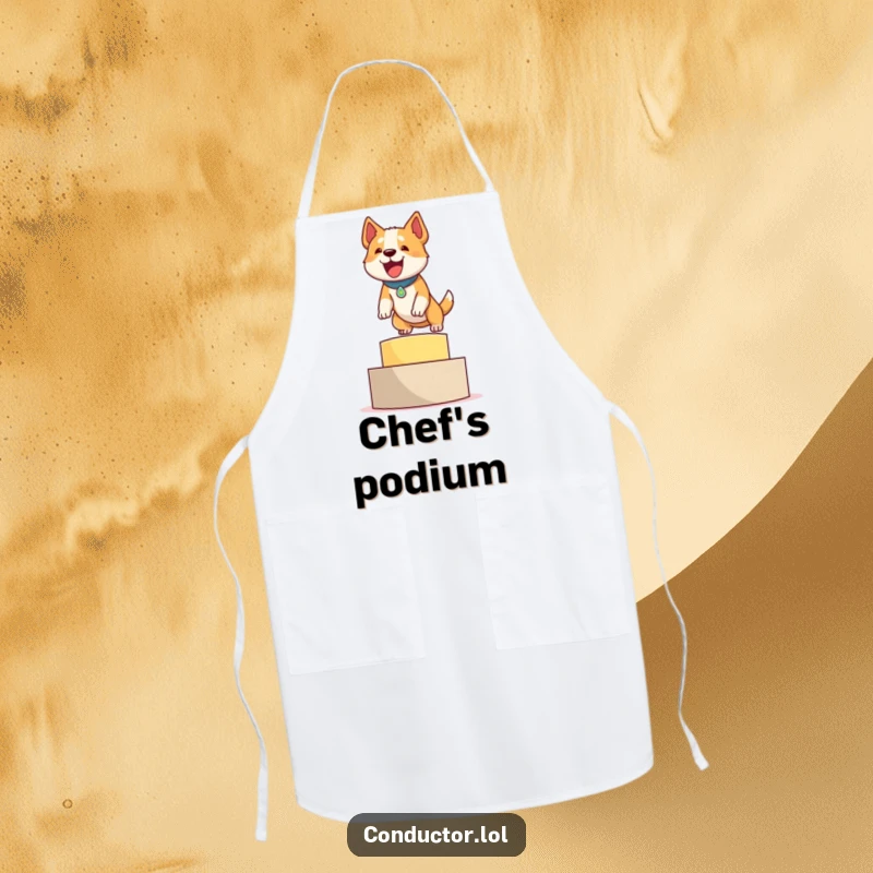 Funny apron showing a determined dog eagerly leaping onto a winner's podium, ready to 'bark' out orders in the kitchen.