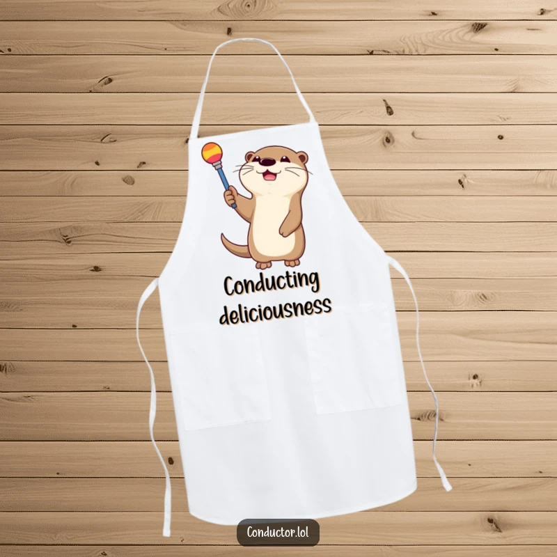 Funny otter gleefully waving a colorful baton while wearing an apron. Ideal for chefs and conductors.