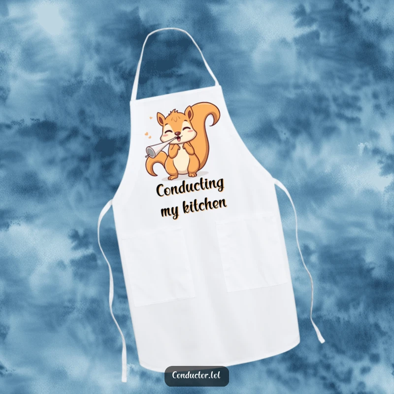 Funny squirrel conductor apron, blowing an invisible whistle with a triumphant flourish, ideal for chefs who love a touch of musical humor while cooking.