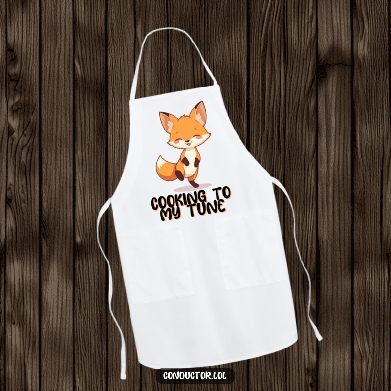 Funny fox tapping its foot to unheard music, full of playful energy, on a chef's apron for cooking fun.