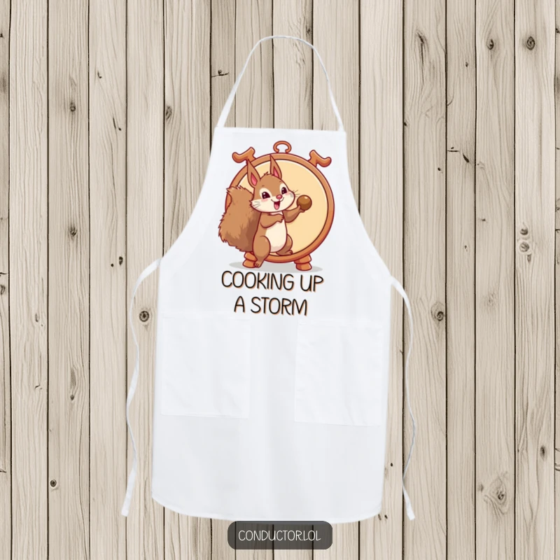 Funny apron with a mischievous squirrel ready to strike a gong, adding a humorous touch to cooking and kitchen activities, ideal for a funny gift.