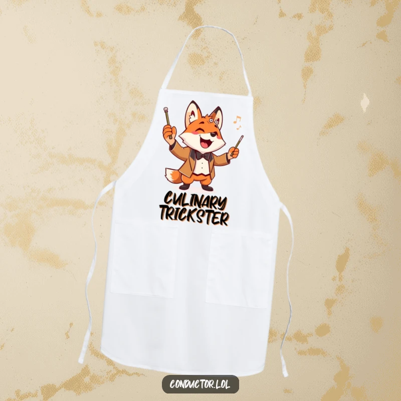 Funny Fox Conductor Apron showing a playful fox maestro cooking with a dramatic pose and grin, adding humor to the kitchen.