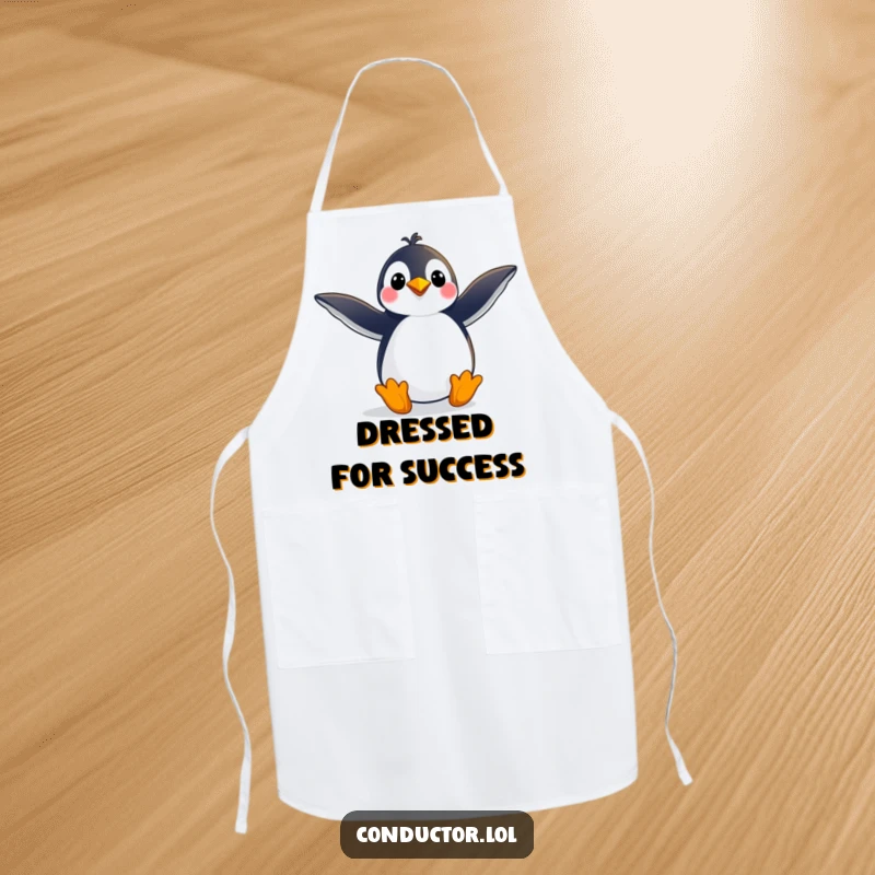 Funny apron with a playful penguin striking a grand pose, arms outstretched, adding a humorous and dramatic touch to cooking, ideal for a funny gift.