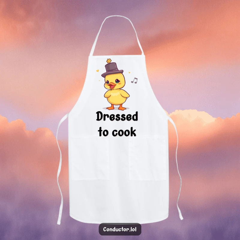 Funny Duckling Maestro Apron: a duckling in a tiny top hat chirps a lively rhythm while cooking, humorous.