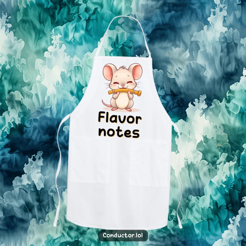 Funny Flute Mouse Apron: Tiny mouse happily playing flute, a cute and humorous addition to kitchen wear.