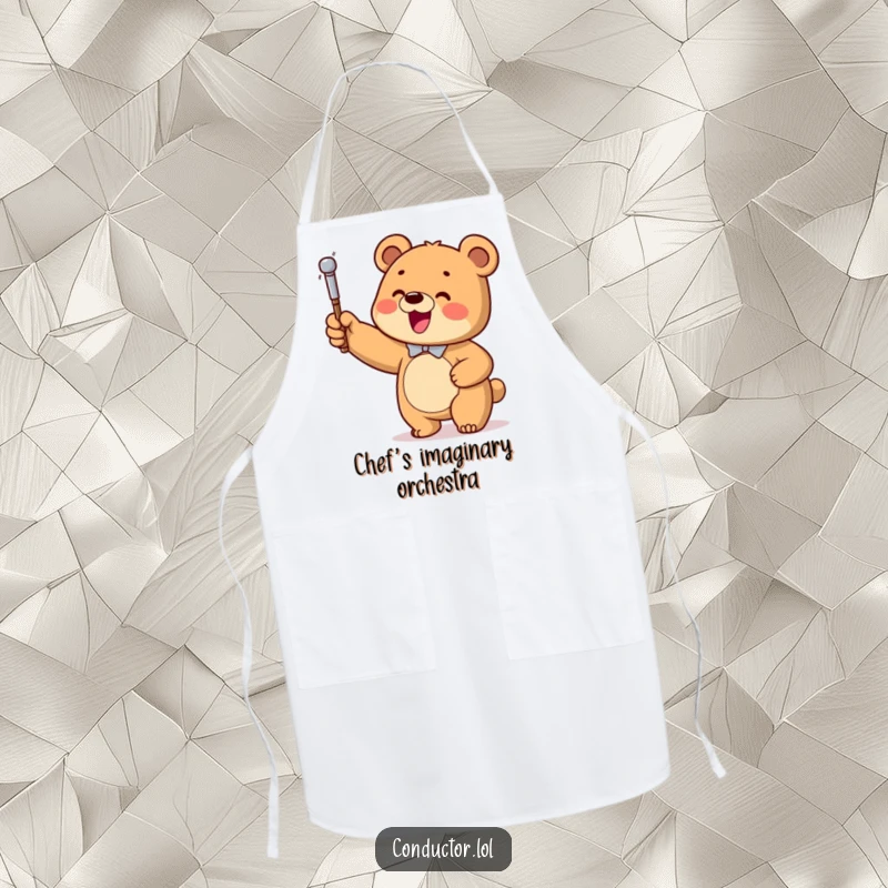 Funny Bear Conductor Apron, showing a happy bear cub enthusiastically waving a baton at an imaginary orchestra.