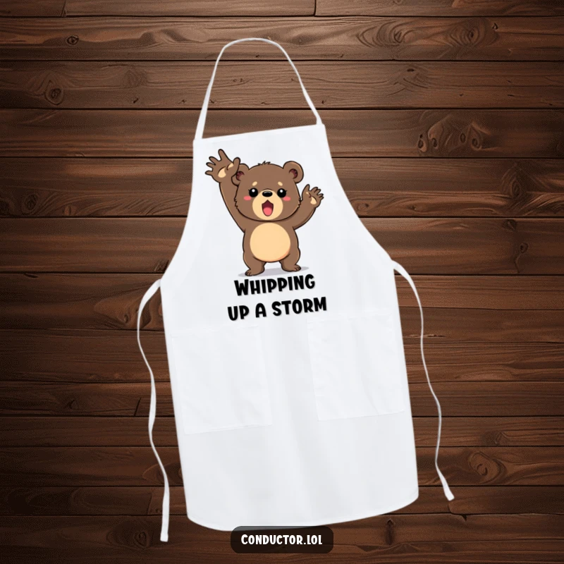 Funny apron featuring a determined bear cub vigorously swinging its arms in a grand gesture, ideal for a passionate and energetic cook.