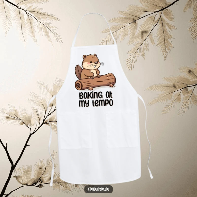 Funny apron with a determined beaver tapping its tail on a log, adding a humorous and rhythmic touch to cooking, ideal for a funny gift.