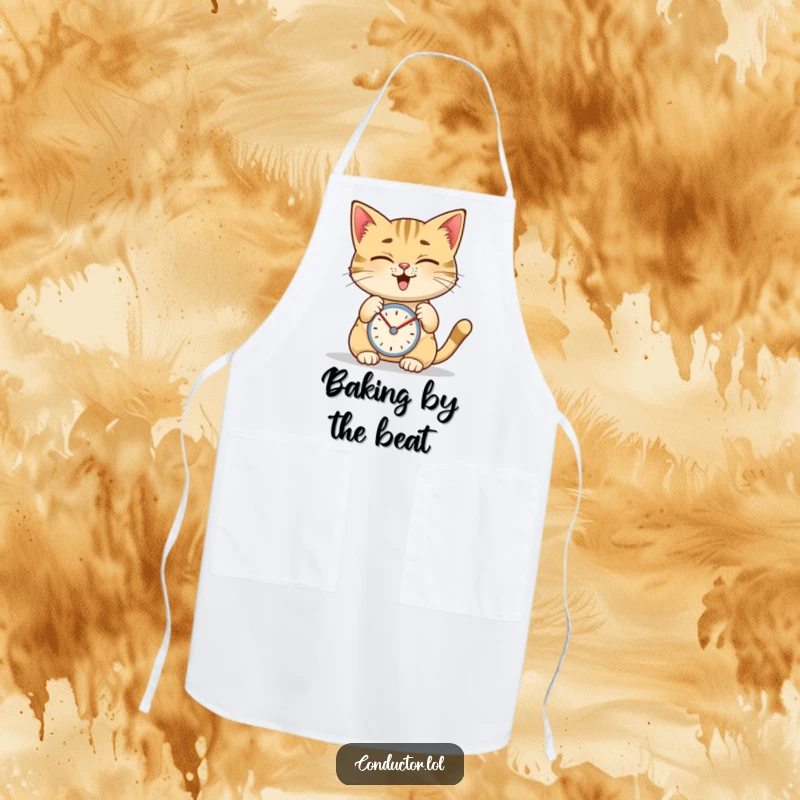 Funny apron with a giggling cat tapping a metronome with focus, perfect for a musical chef.