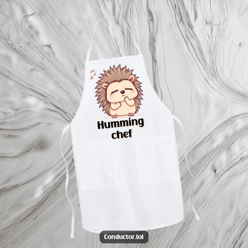 Funny hedgehog apron, showing a determined hedgehog listening to music while cooking, ideal for kitchen use.