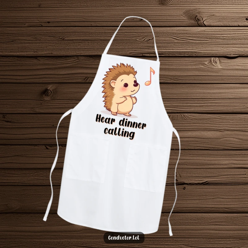 Funny Apron: A curious cartoon hedgehog intently listening to a prominent musical cue, ensuring focus and adding humor to cooking.