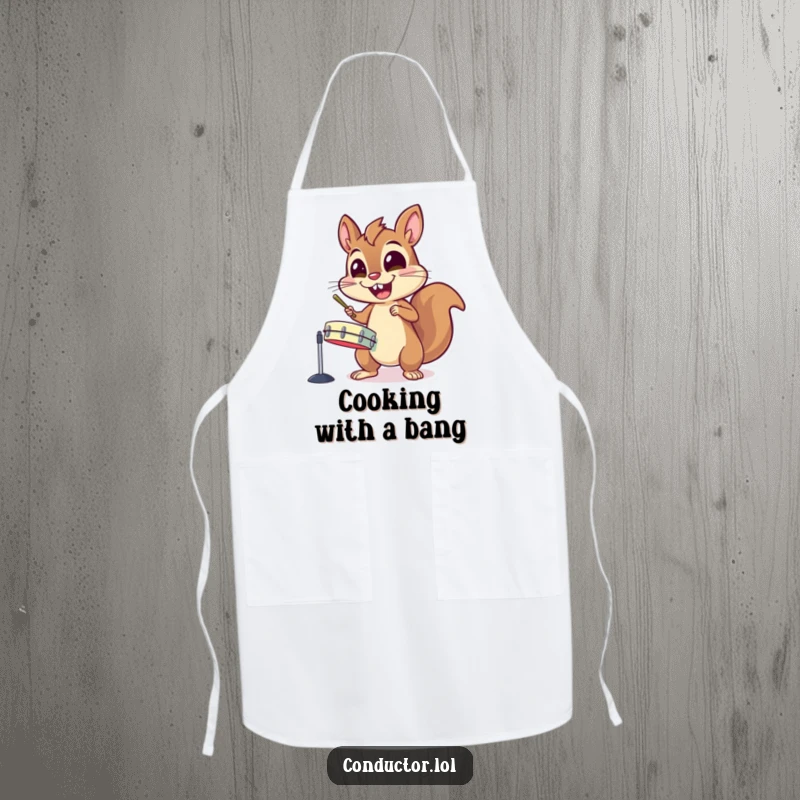 Funny kitchen apron featuring an energetic squirrel character gleefully banging on cymbals with wide eyes, perfect for cooks.