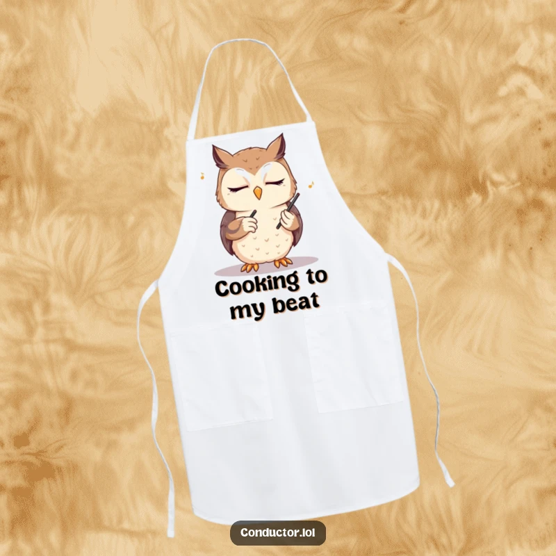 Funny owl conductor apron, eyes closed, conducting an unseen orchestra, ideal for chefs who love a touch of wise, humorous musicality while cooking.