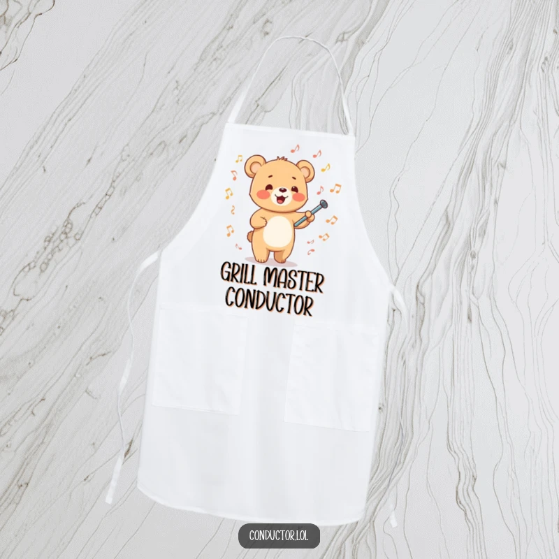 Funny happy cartoon bear cub energetically waving a tiny baton amidst musical notes on a kitchen apron, energetic cooking companion.