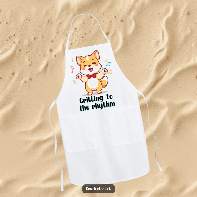 Funny apron showing a happy dog conductor, tail wagging in time, ears perked, perfect for the musical chef.