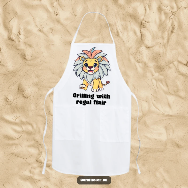 Funny bold lion with a magnificent mane, leading with gusto, on a protective apron for cooking.