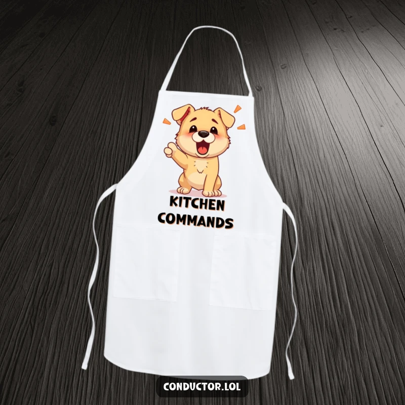 Funny apron with a determined puppy barking energetic commands, ideal for kitchen fun and dog lover gifting.