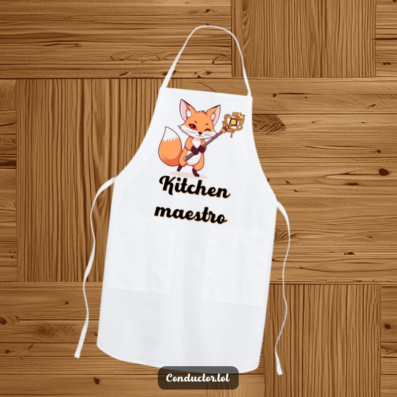 Funny apron featuring a mischievous fox swinging a large baton, directing kitchen activities with playful authority and humor.