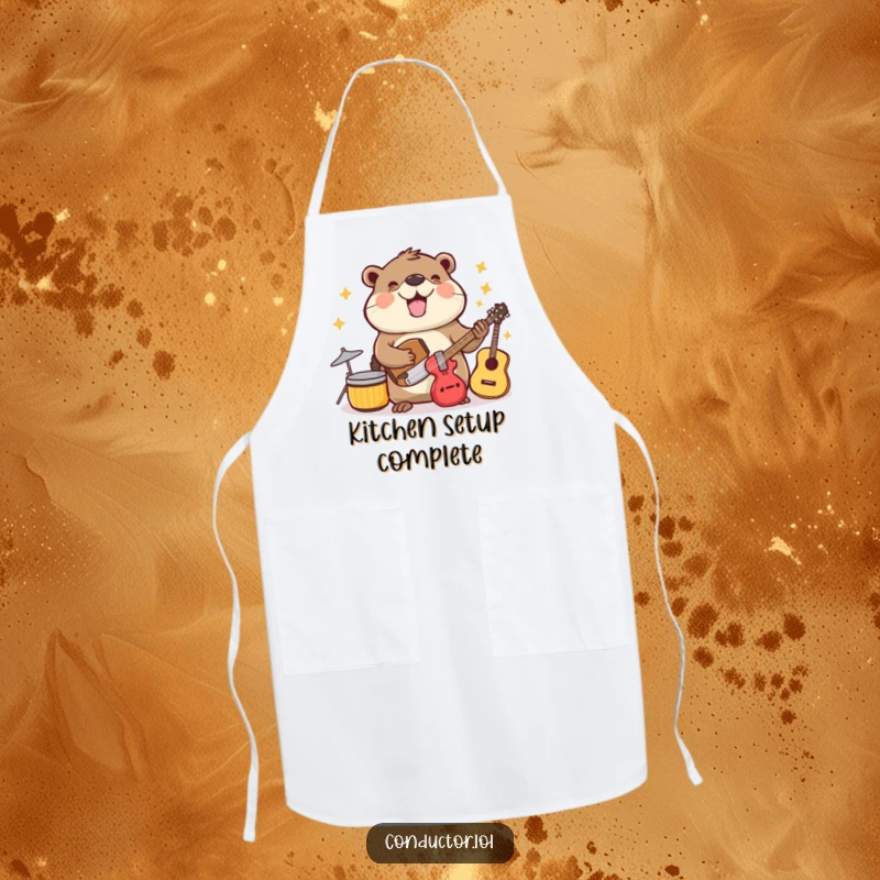 Funny beaming beaver cheerfully organizing musical instruments while wearing a chef's apron.