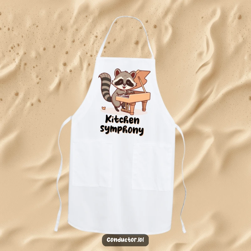 Funny Apron: Happy raccoon energetically playing piano keys with its tail, ideal for music-loving chefs.