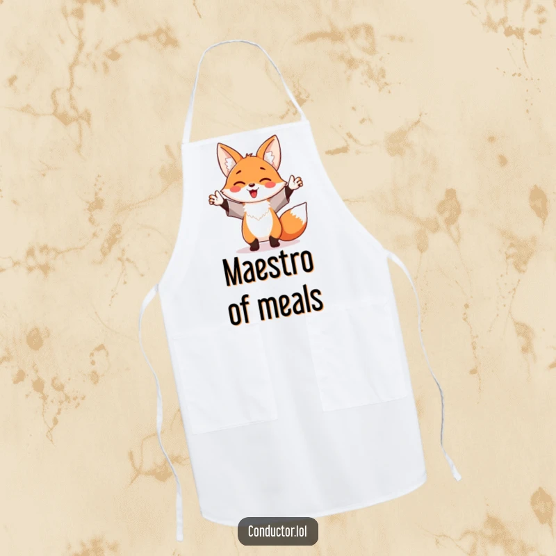 Funny apron depicting a happy fox enthusiastically waving its arms like a maestro, perfect for a lively kitchen.