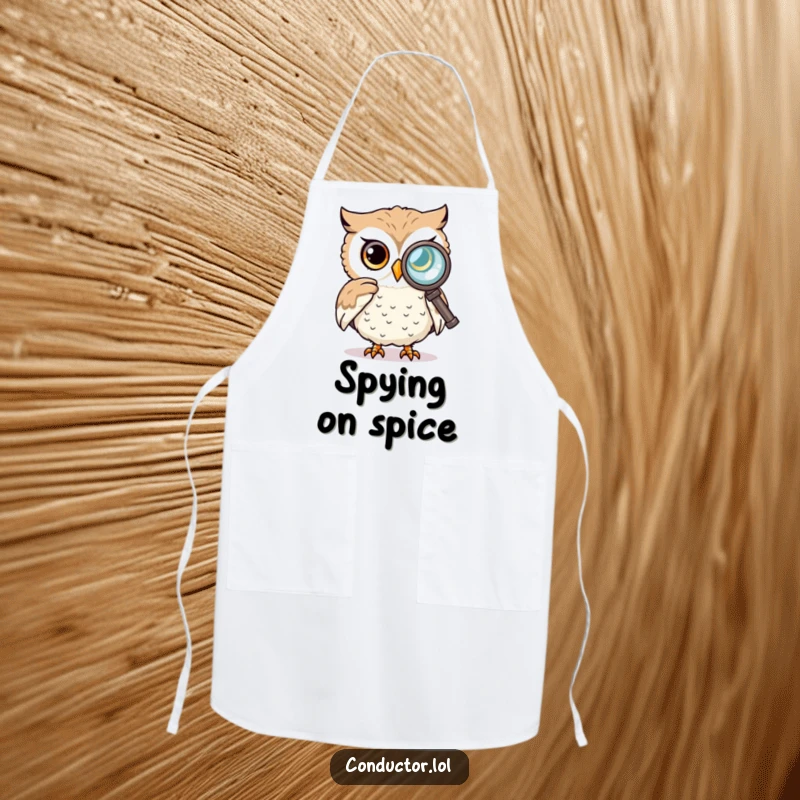Funny apron showing a curious owl wearing a monocle, peering through a spyglass, ready to inspect ingredients with care.