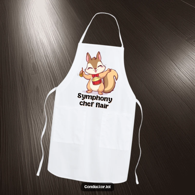 Funny apron featuring a winking squirrel conductor dramatically tapping a tiny cymbal with a flourish, a kitchen conductor of flavor.