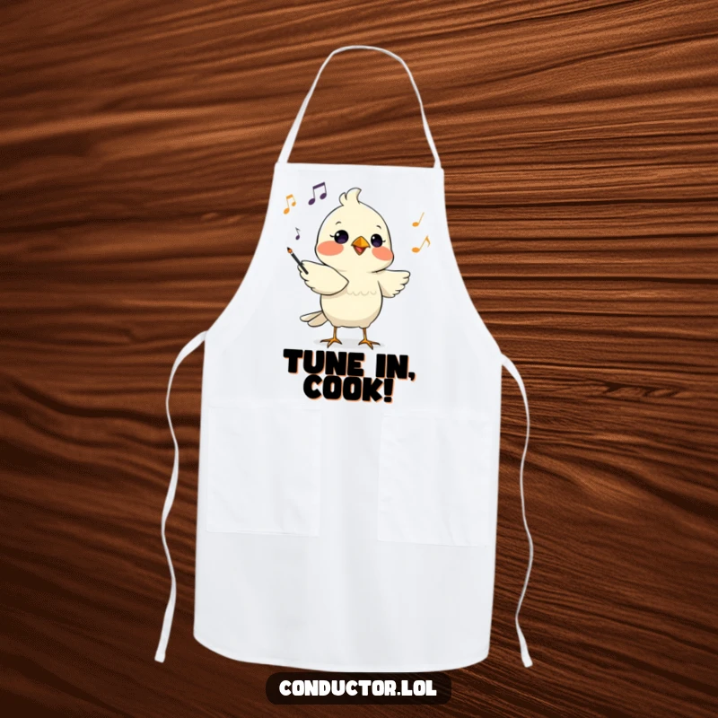 Funny apron featuring a determined bird conductor chirping musical cues with focused intensity, a kitchen conductor of flavor.