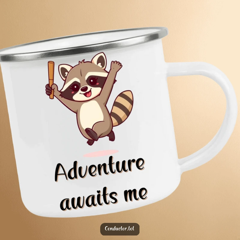 Funny raccoon conductor camping mug, enthusiastically leaping with a baton, for enjoying beverages in the great outdoors with playful, musical charm.