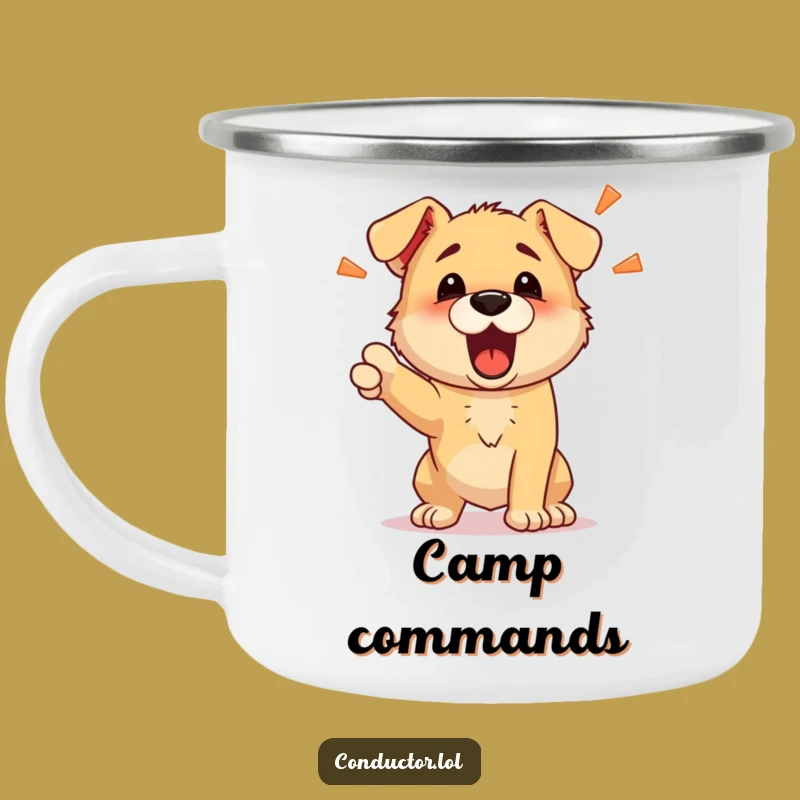 Funny Puppy Commander Camping Mug - Energetic Barking Enamel Cup
