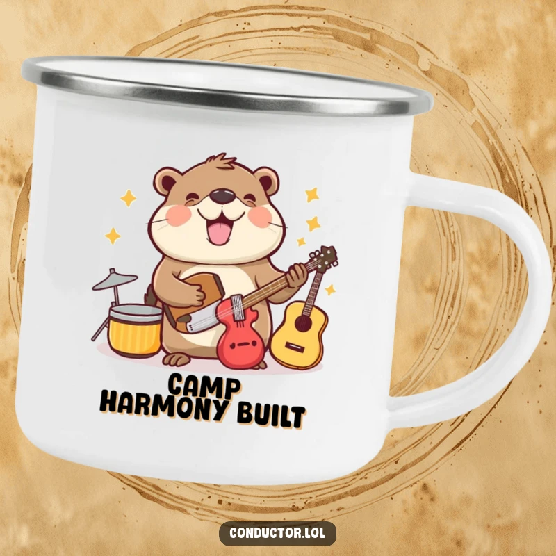 Funny beaming beaver cheerfully organizing musical instruments, suitable for camping mugs.