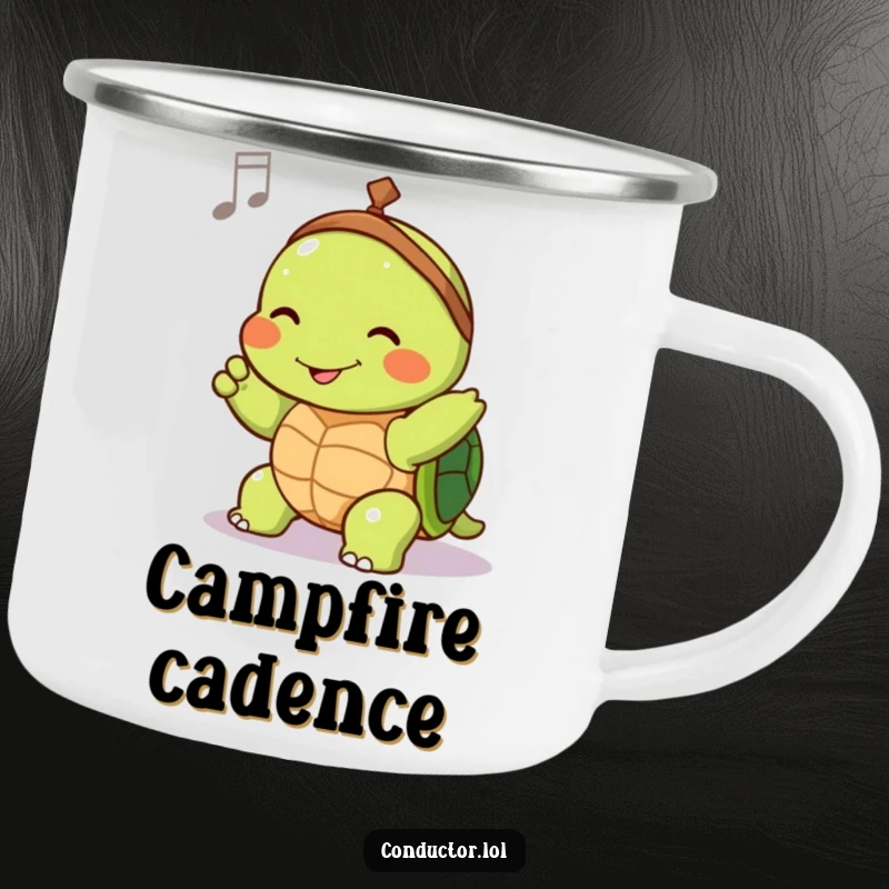 Funny camping mug with a joyful turtle conductor slowly guiding tempo with a contented smile, ready for relaxed outdoor tunes.