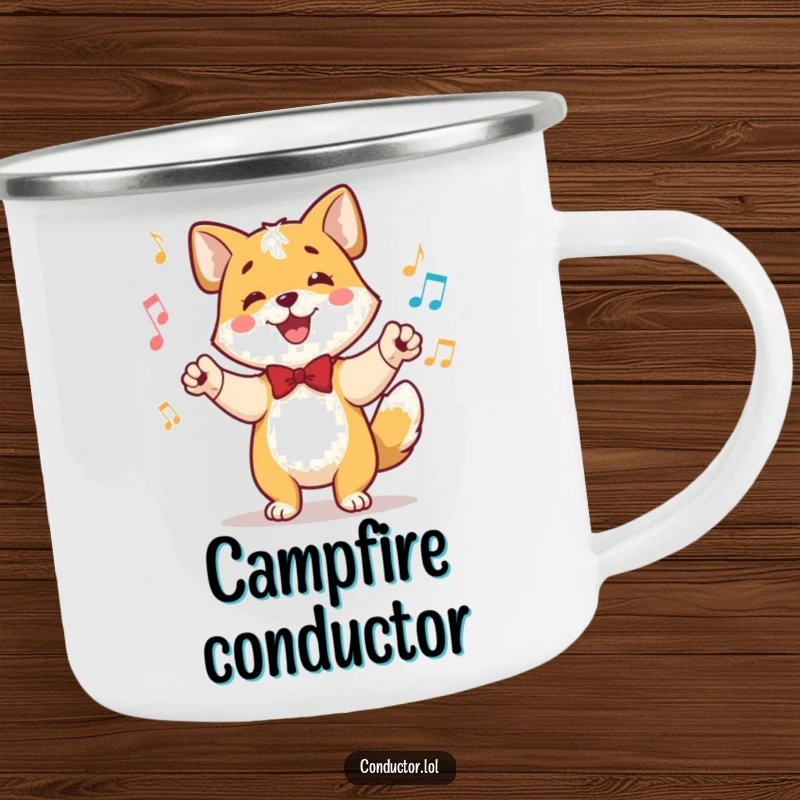 Funny camping mug showing a happy dog conductor, tail wagging in time, ears perked, perfect for outdoor musical appreciation.