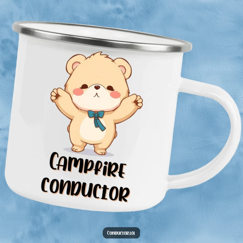 Funny camping mug with a fluffy bear conductor sweeping arms, great for outdoor music lovers and humorous gifting.