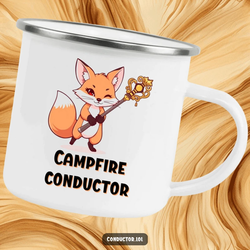 Funny camping mug with a mischievous fox swinging a baton, bringing a sense of playful command to outdoor adventures and beverages.