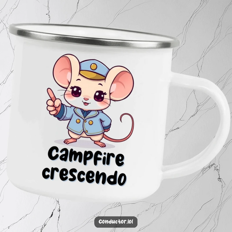 Funny mouse camping mug showing a determined mouse in a tiny uniform pointing with excitement to a musical crescendo.