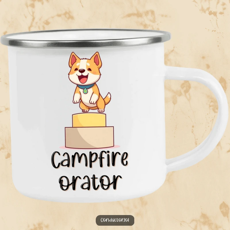 Funny camping mug featuring a determined dog triumphantly leaping onto a podium with a proud bark, perfect for outdoor wins.