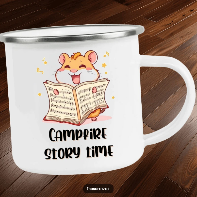 Funny Hamster Score Camping Mug: A giggling hamster furiously turns music score pages outdoors.