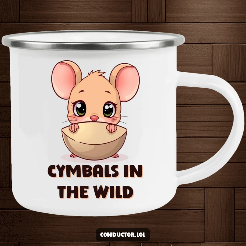 Funny Surprised Mouse Cymbal Camping Mug: A wide-eyed cartoon mouse peeking from behind a cymbal.