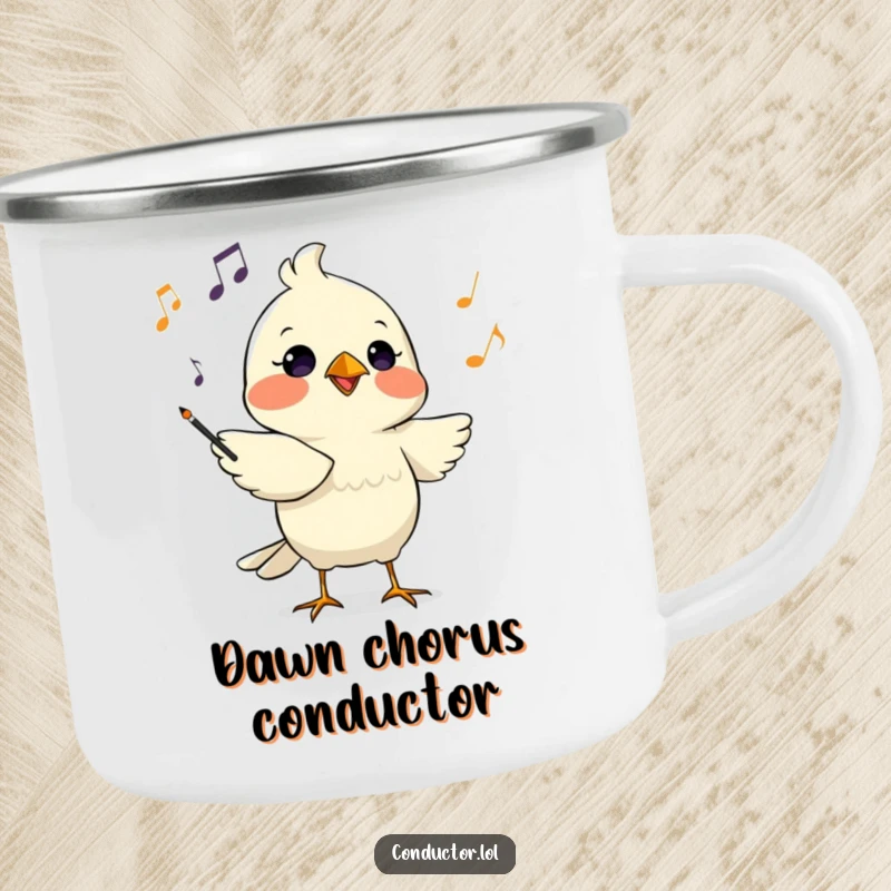 Funny camping mug with a determined bird conductor chirping musical cues with focused intensity, ready for outdoor concerts.