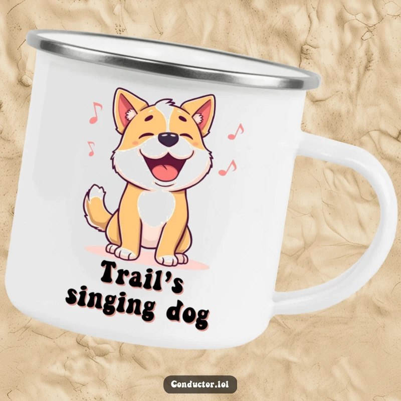 Funny dog camping mug, showing a proud dog barking along to music outdoors, great for adventures.
