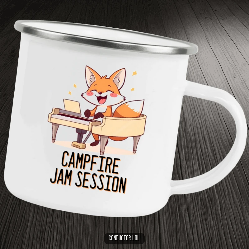 Funny fox camping mug, showing a happy fox playing the piano in an outdoor setting, great for adventures.