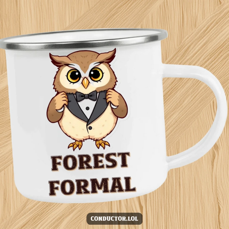 Funny owl tuxedo camping mug, a curious owl adjusting an oversized tuxedo with a pleased expression, perfect for outdoor drinks.
