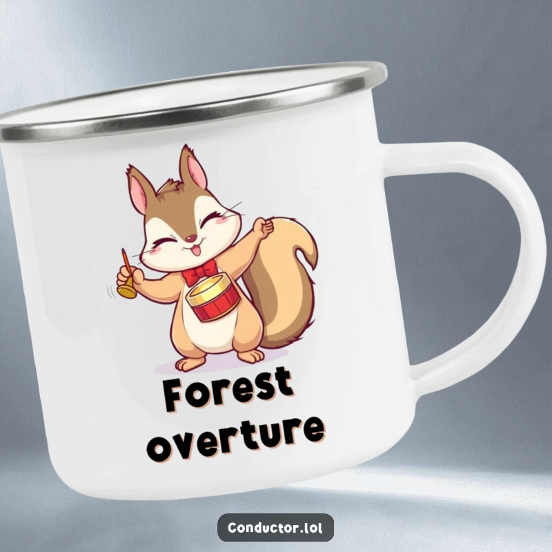 Funny camping mug with a winking squirrel conductor dramatically tapping a tiny cymbal with a flourish, ready for outdoor tunes.