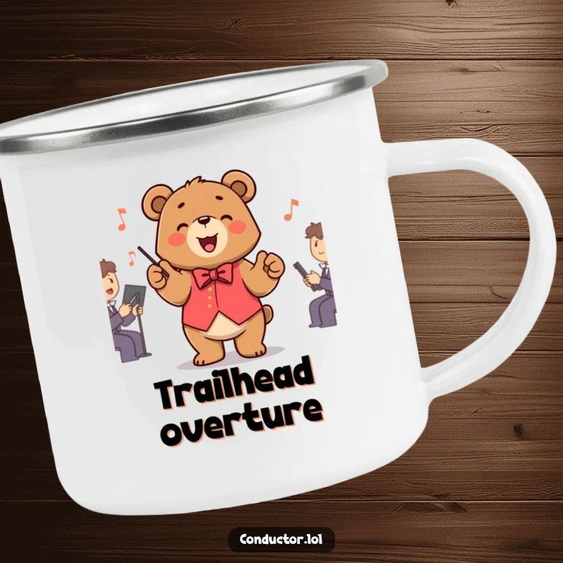 Funny Bear Conductor Camping Mug showing a bear maestro enjoying the outdoors while conducting, perfect for adventurers.