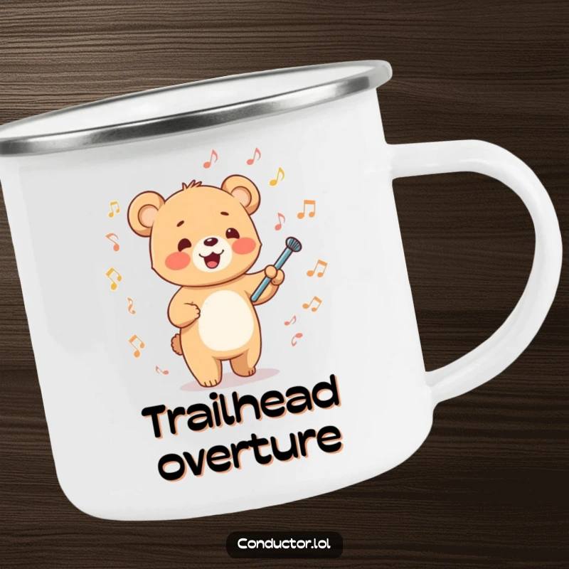 Funny happy cartoon bear cub energetically waving a tiny baton amidst musical notes on a durable camping mug, outdoor musical leader.