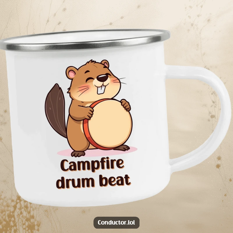 Funny camping mug with a busy beaver enthusiastically beating a drum, built for adventure.