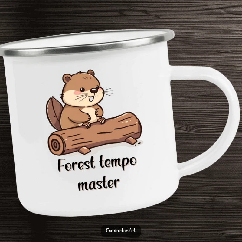 Funny camping mug showing a determined beaver tapping its tail on a log, perfect for outdoor enthusiasts who appreciate rhythm, a fantastic funny gift.