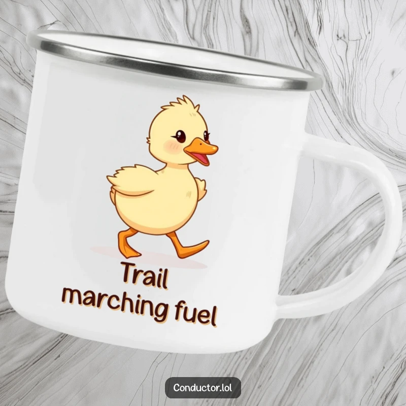 Funny duckling marching with spirited enthusiasm on a durable enamel camping mug. Perfect for outdoor enthusiasts.